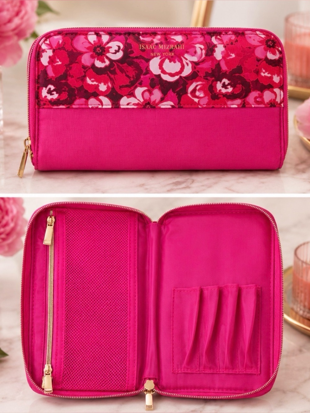 Isaac Mizrahi Floral Makeup Brush Organizer Travel Cosmetic Case Pink NWOT
